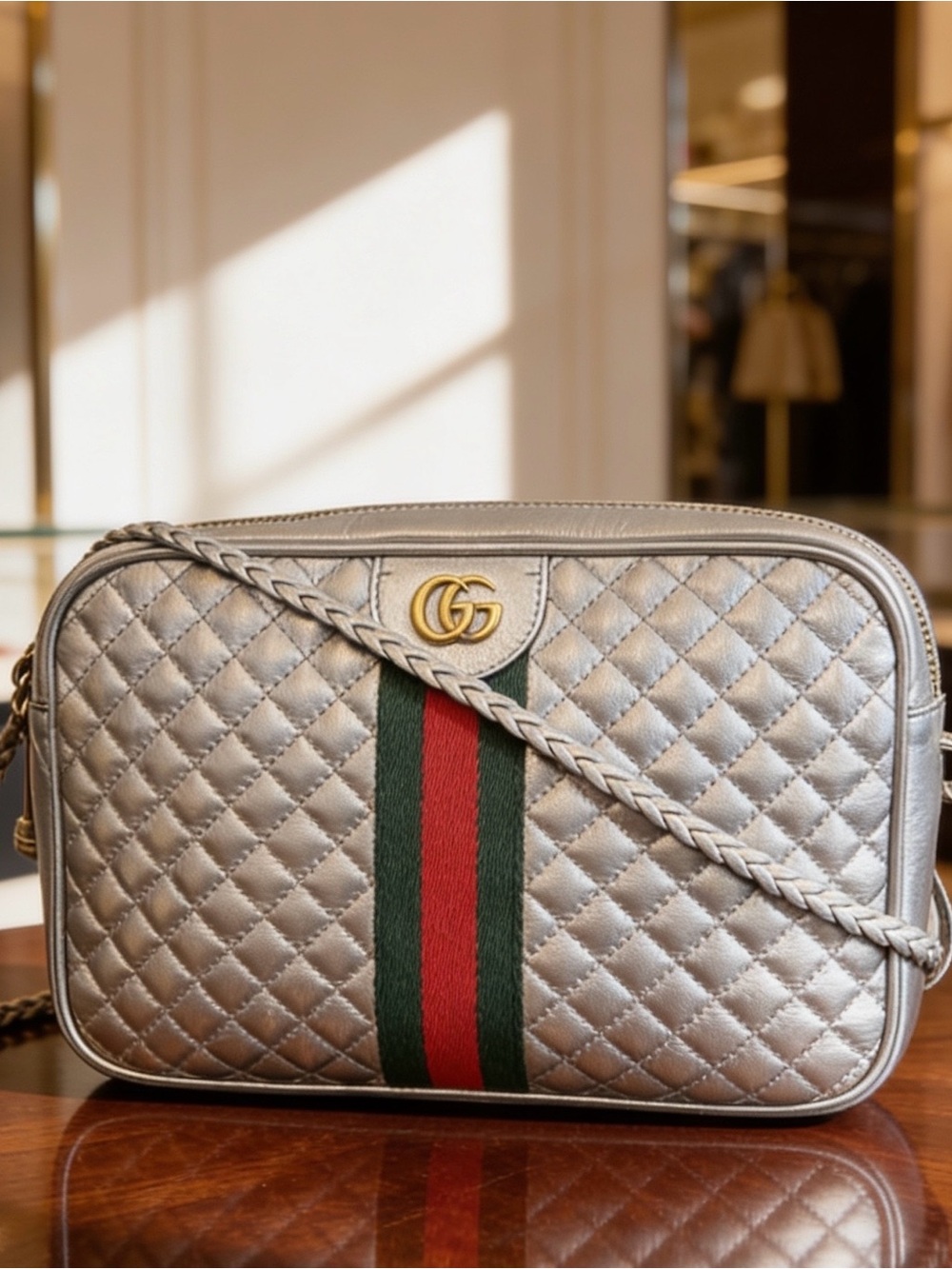Gucci Metallic Quilted Leather Web Trapuntata Small Shoulder Crossbody Bag